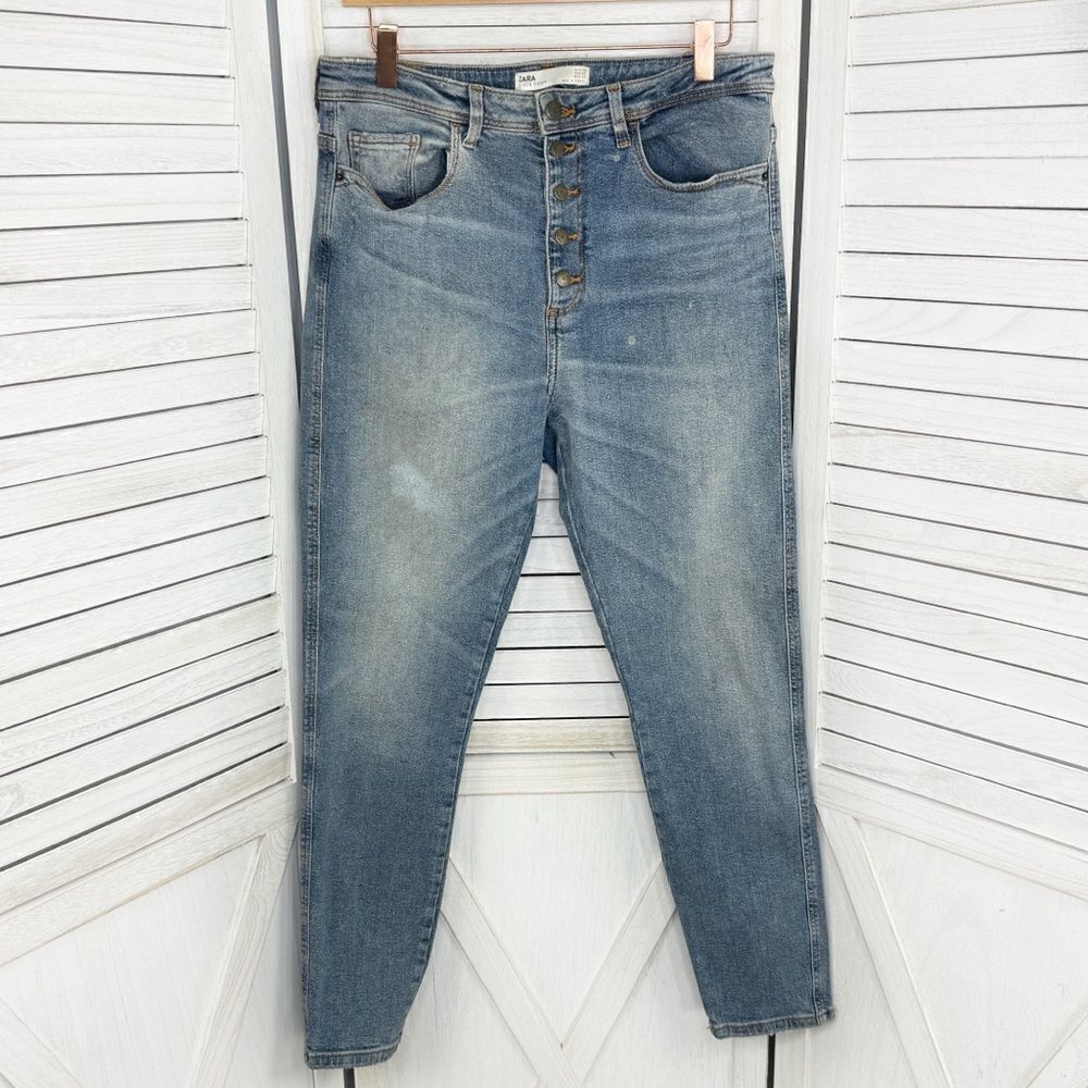Zara Jeans Women Size 6 Blue Distressed High Rise Button Fly Crop Stretch Grunge